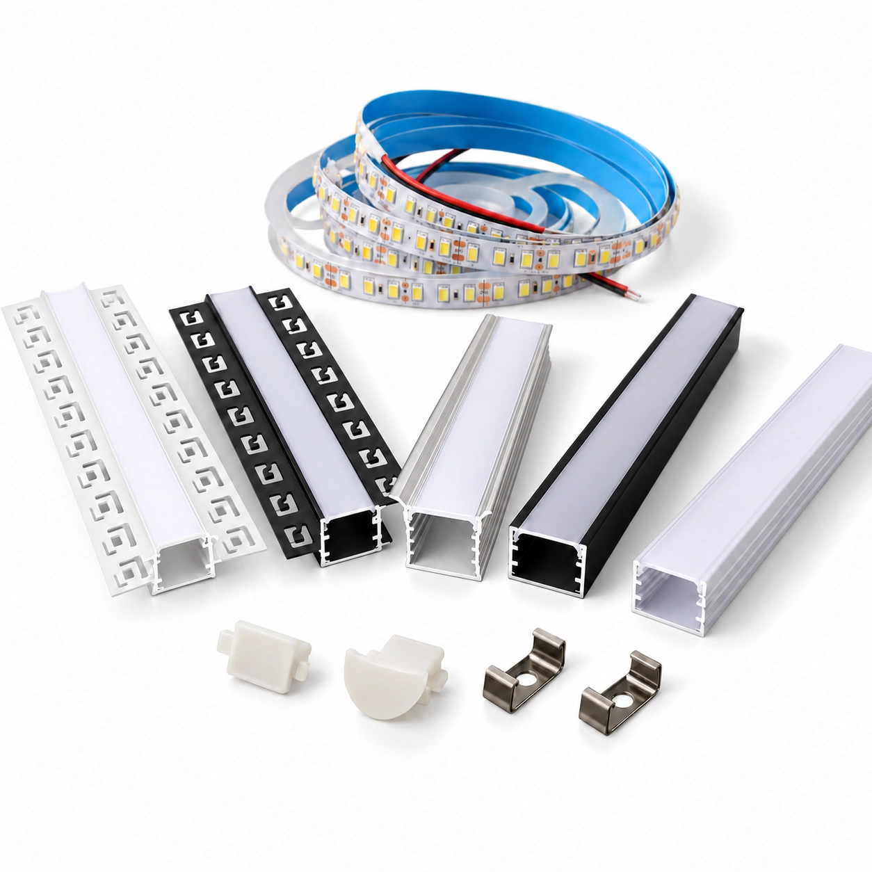 led strip profiles caps clips assortment white studio