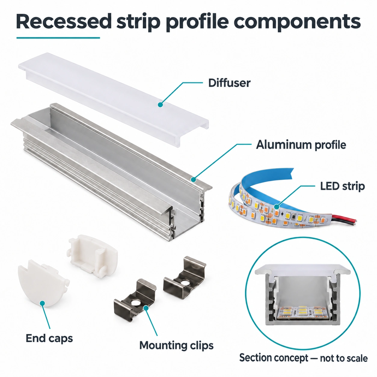 recessed led strip profile components