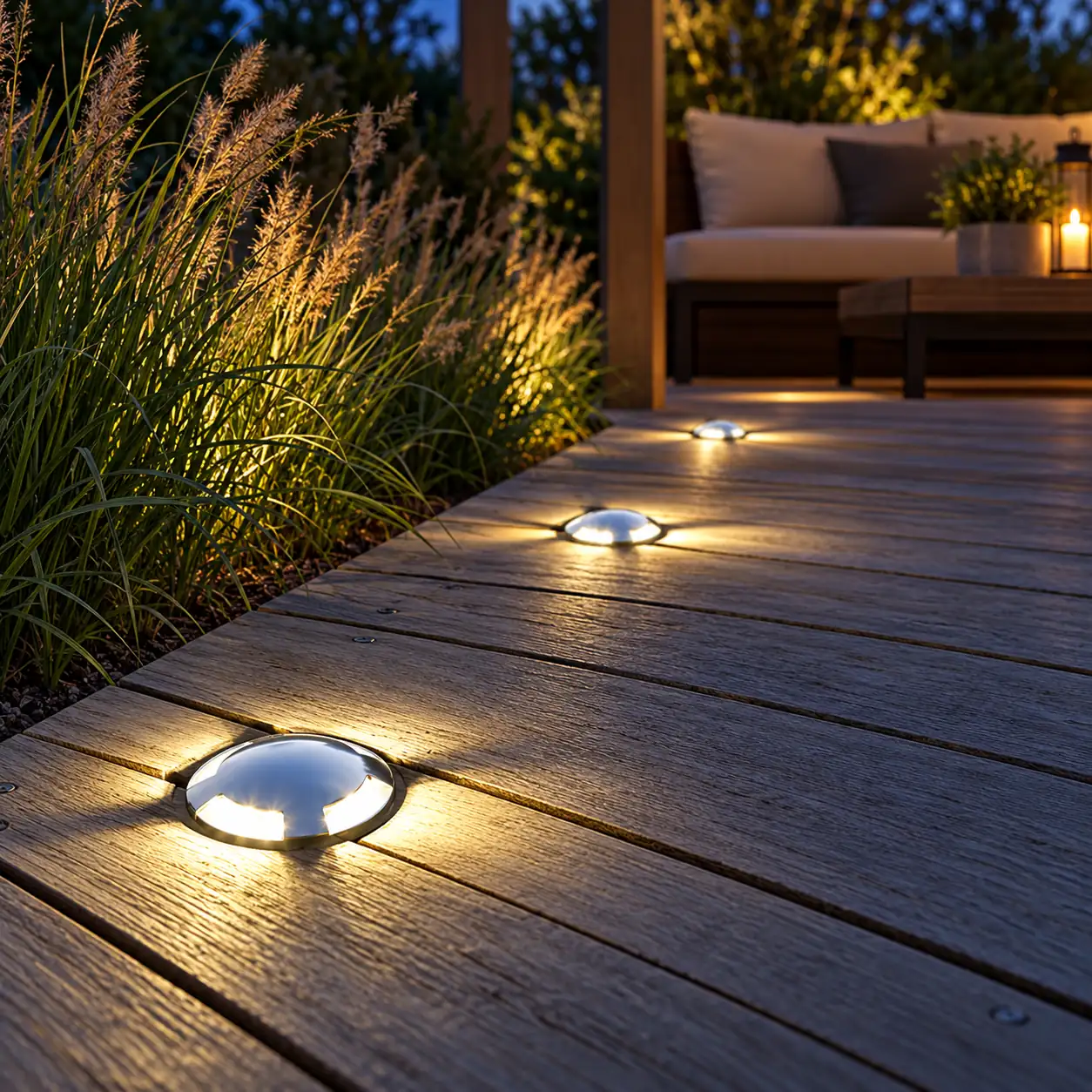 silver directional deck lights evening boardwalk